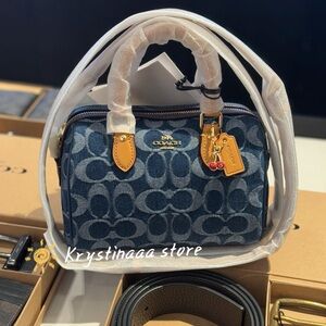 Coach Mini Rowan Crossbody Bag in Signature Denim With Cherry Charm CY742 NWT